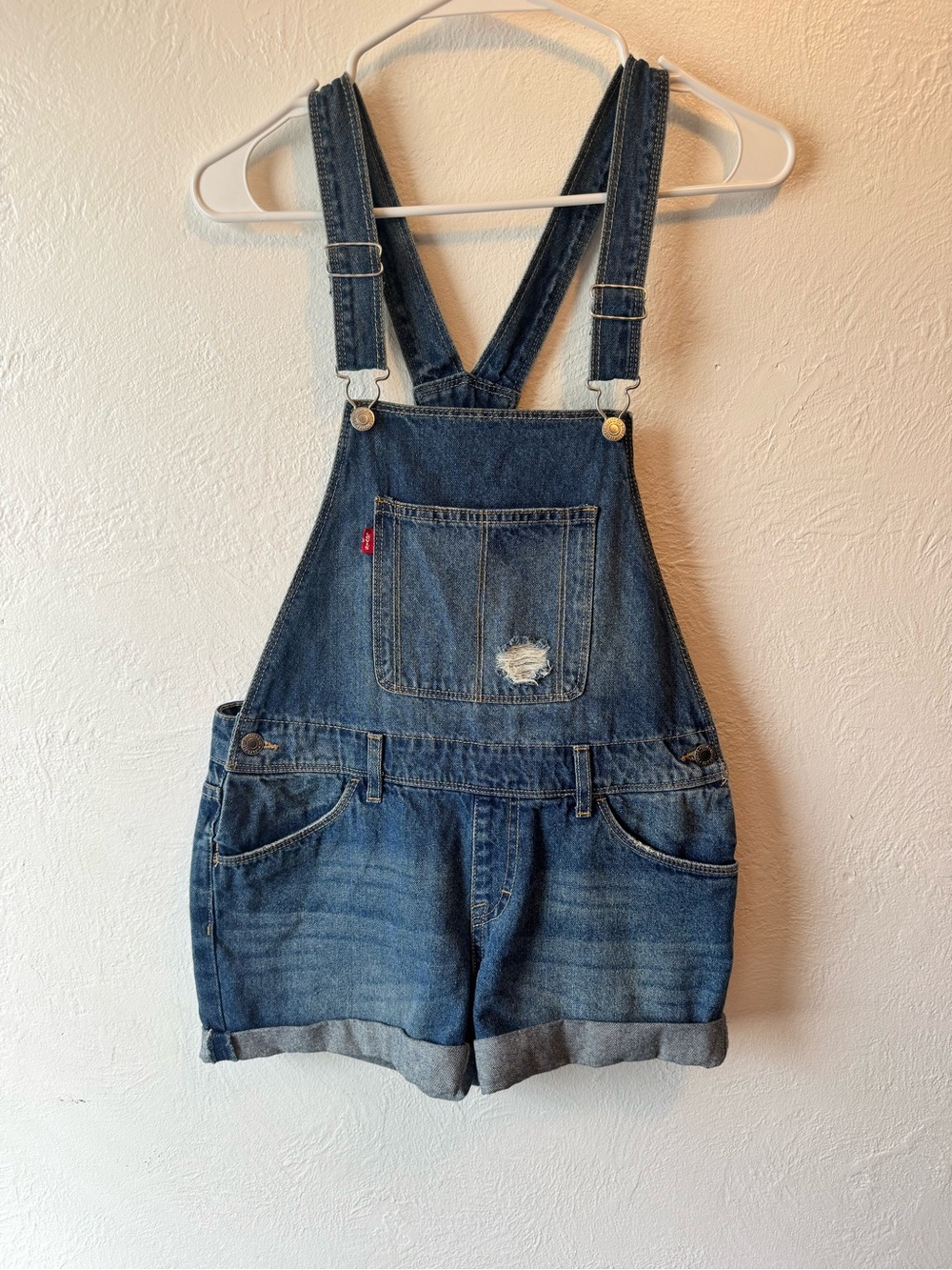Levi's Blue Denim Rolled Cuff Short Overalls for